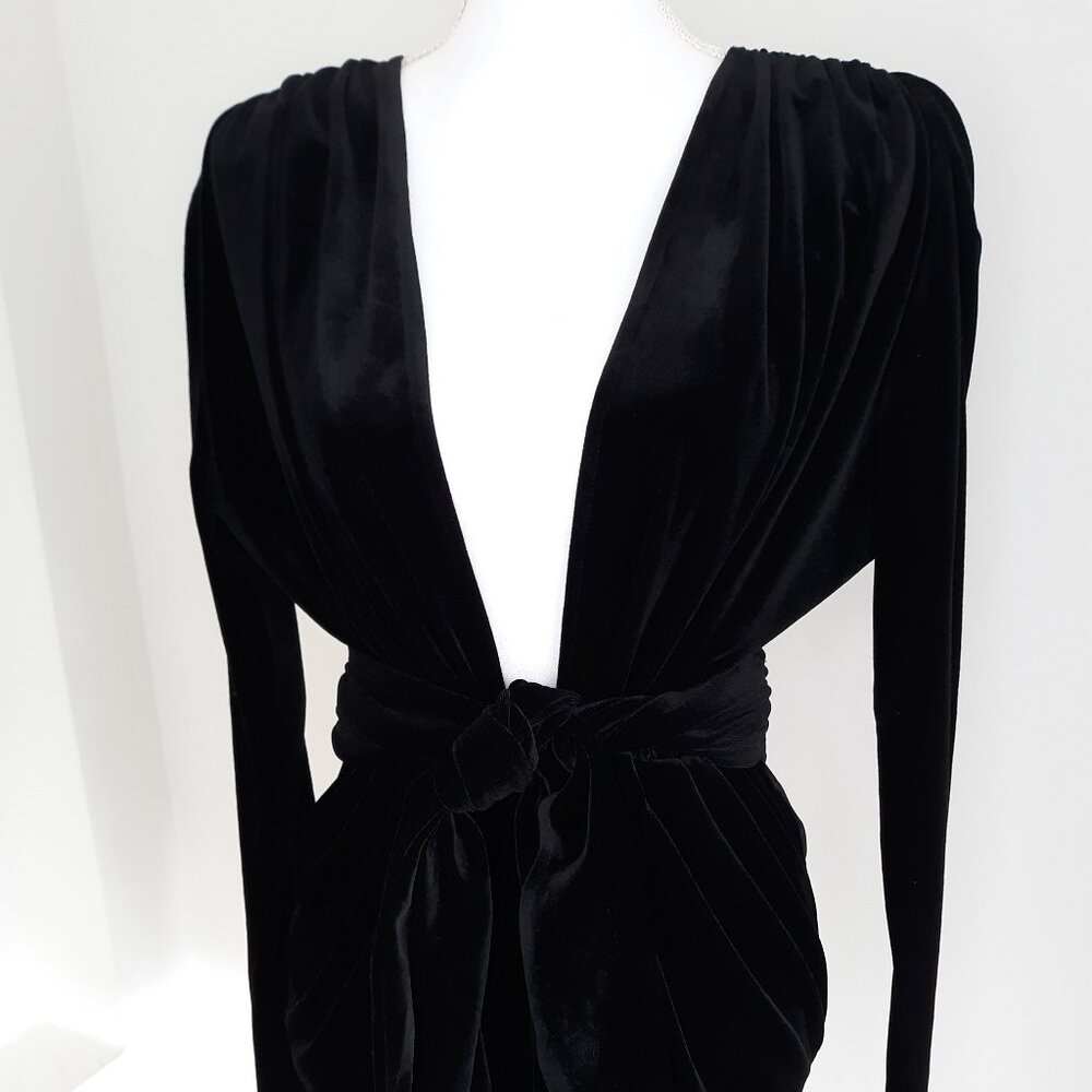 Black Velvet Mini Dress Waterfall Draped Luxurious Long Sleeve